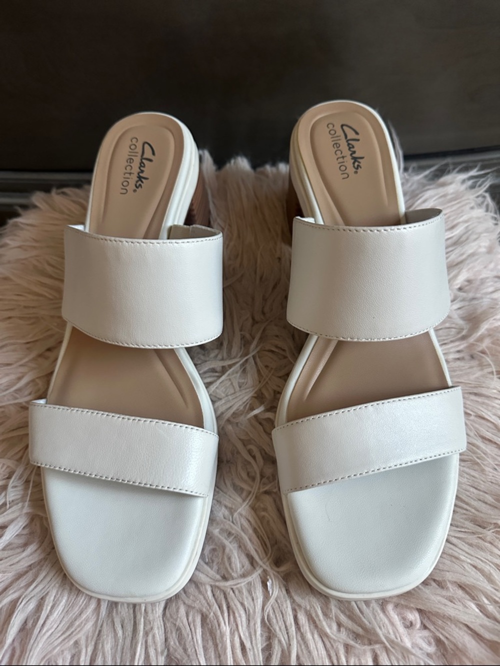 Clarks White Double Band Slide Mules
